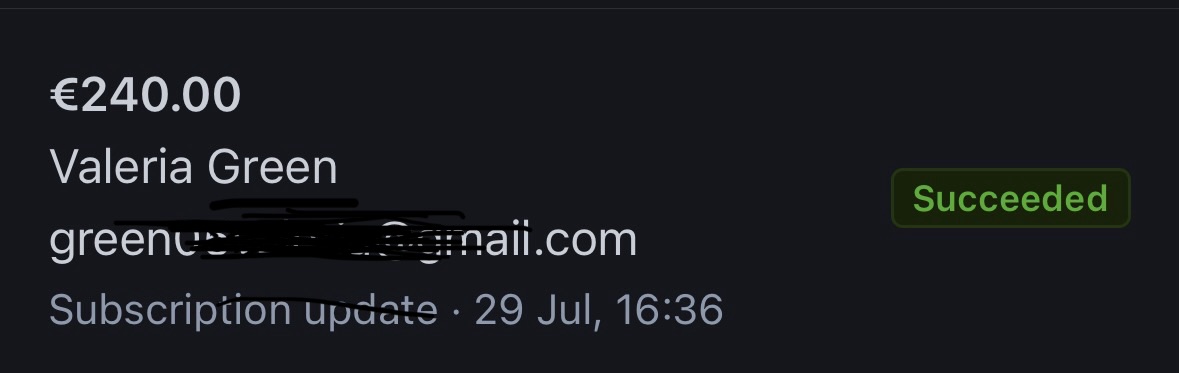 Captura real de un cobro de 240 euros en Stripe