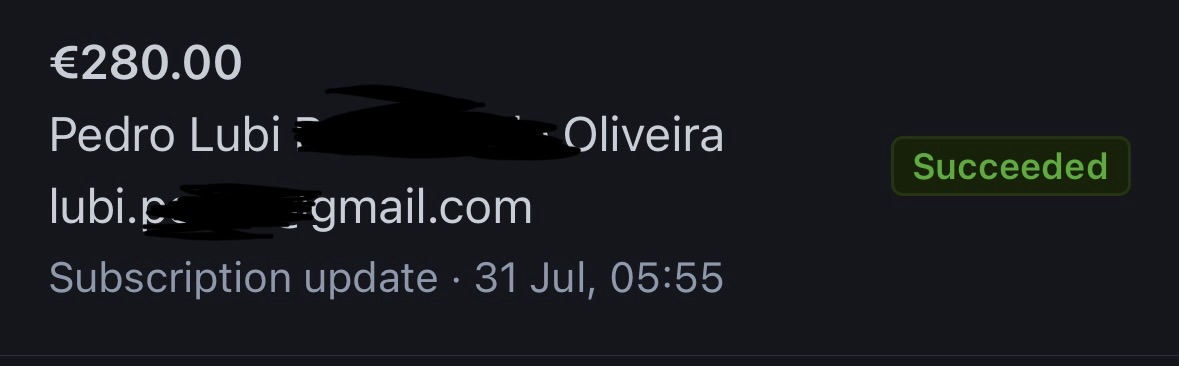 Captura real de un cobro de 280 euros en Stripe