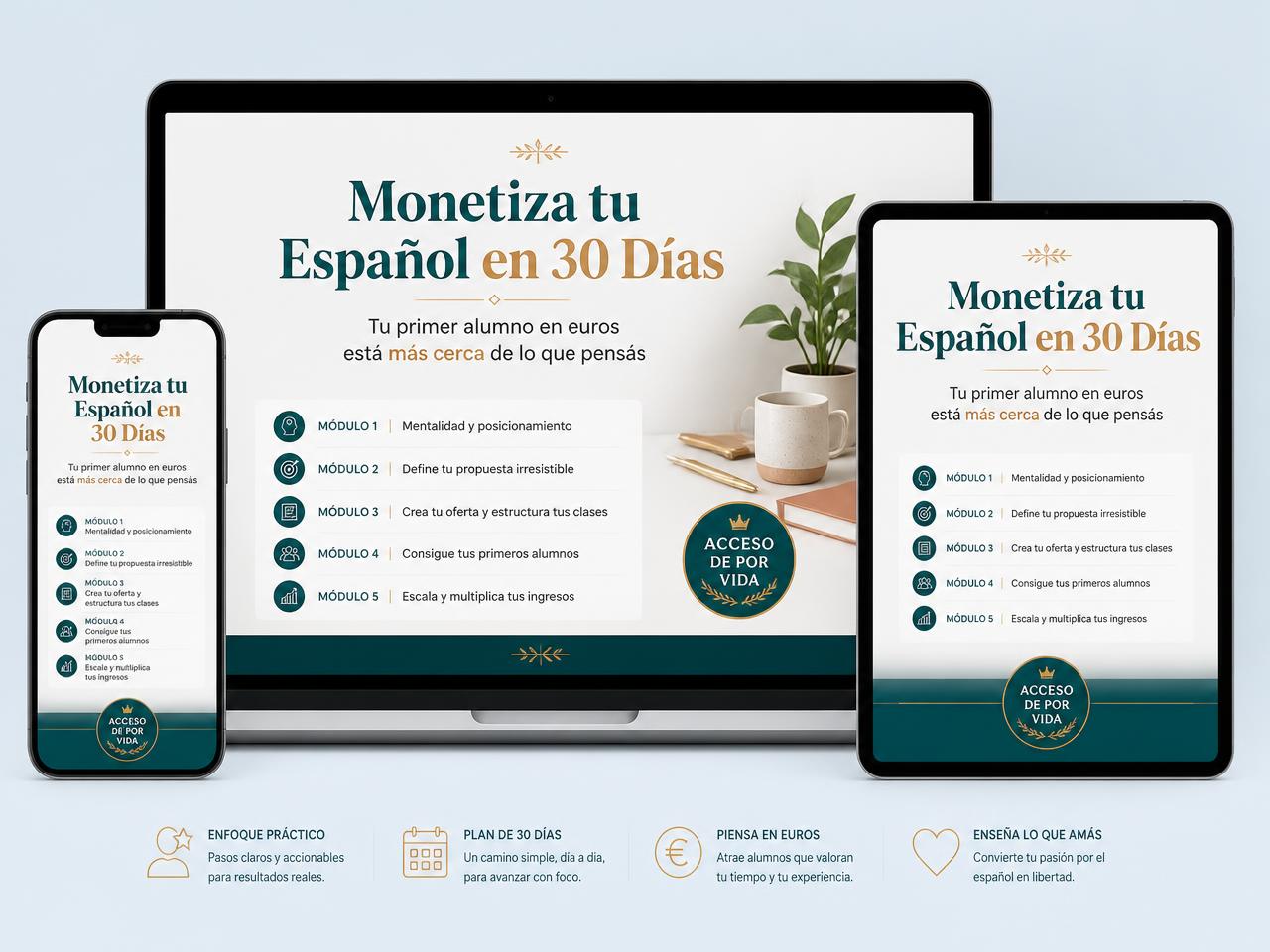 Curso Monetiza tu Español en 30 Días en laptop, celular y ebook